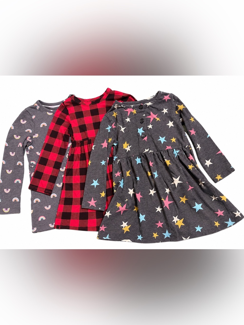Girls' Long-Sleeve  bundle Star & Plaid Knit Dress Set - Gray & Red